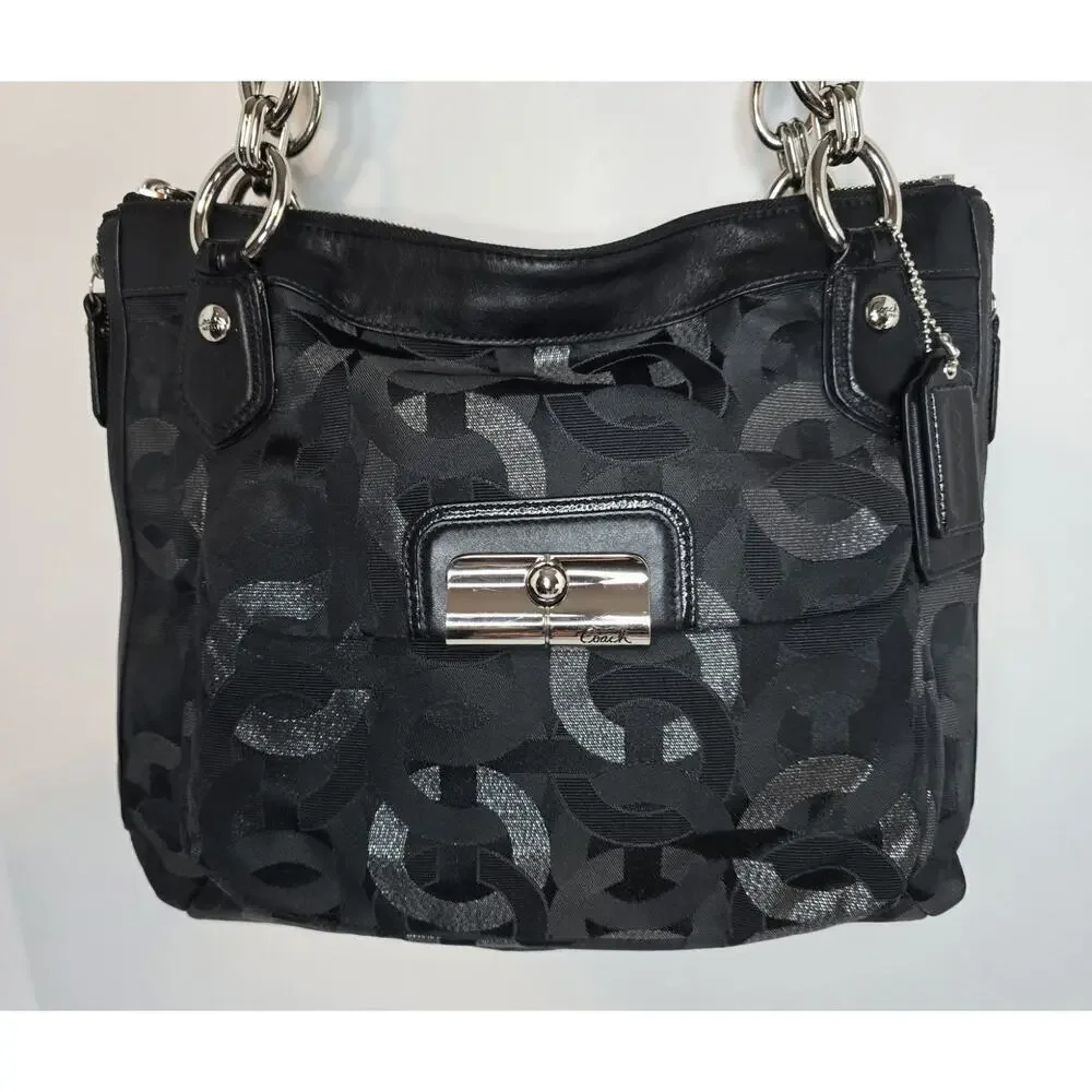 Coach Sig Kristin Metallic Zip Bag Tote Shoulder Bag Black/Silver 18286